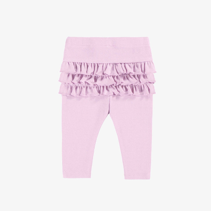 Legging lilas à volants en tricot côtelé, naissance || Lilac legging with ruffles in ribbed knit, newborn