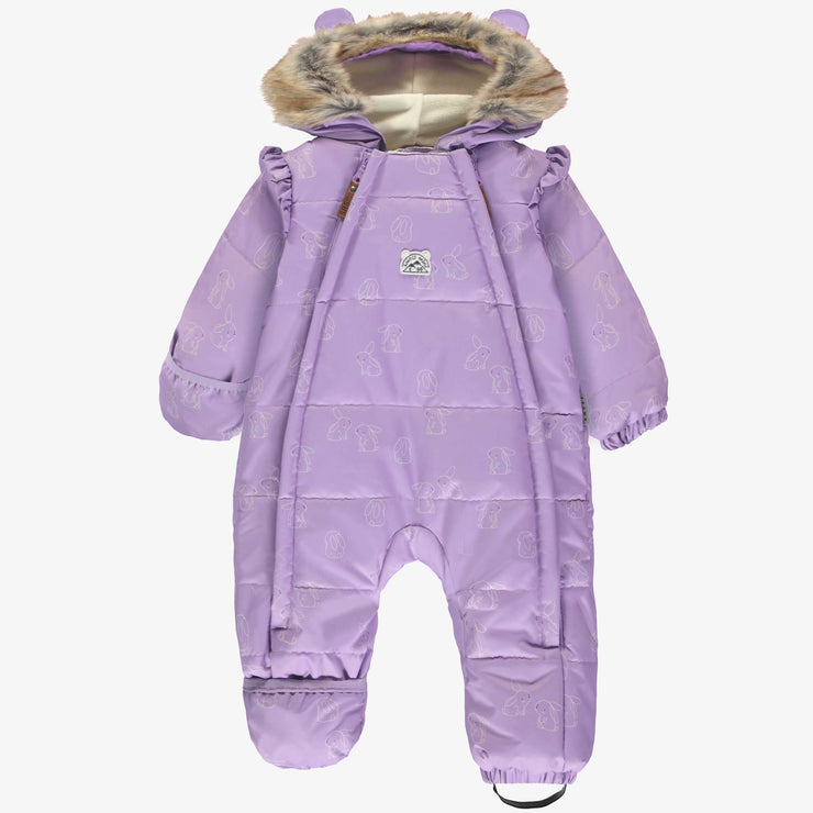 Habit de neige une-pièce mauve pâle à motifs, naissance || One-piece light purple snowsuit with print, newborn