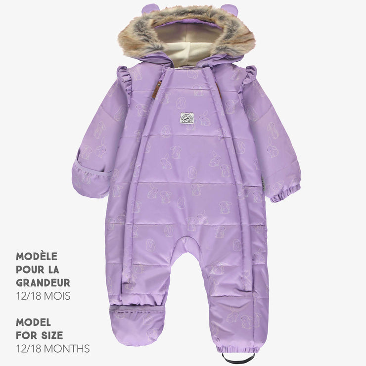 Habit de neige une-pièce mauve pâle à motifs, naissance || One-piece light purple snowsuit with print, newborn