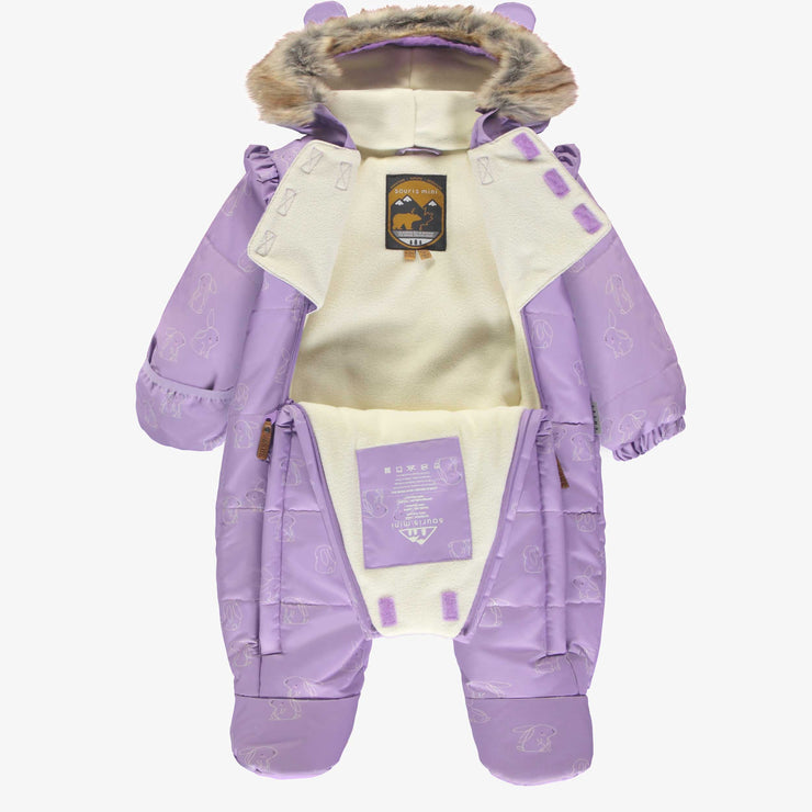 Habit de neige une-pièce mauve pâle à motifs, naissance || One-piece light purple snowsuit with print, newborn