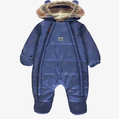 Habit de neige une-pièce bleu à motifs, naissance || One-piece blue snowsuit with print, newborn