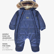 Habit de neige une-pièce bleu à motifs, naissance || One-piece blue snowsuit with print, newborn