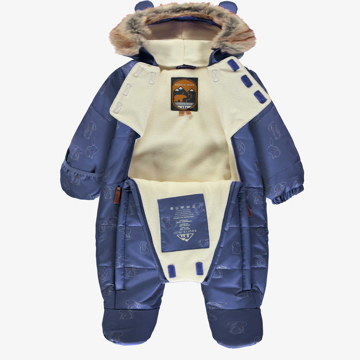 Habit de neige une-pièce bleu à motifs, naissance || One-piece blue snowsuit with print, newborn