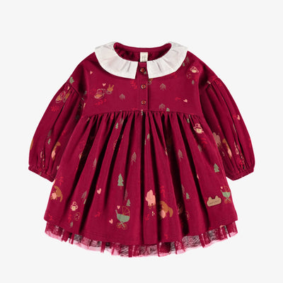 Robe cache-couche rouge à motifs des fêtes avec un col Claudine, naissance || Red bodysuit dress with holiday print and Claudine collar, newborn