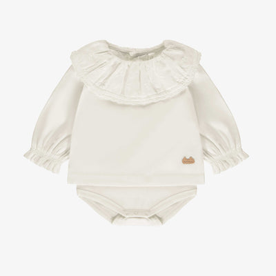 Chemise cache-couche blanche avec col à volant en popeline, naissance || White bodysuit shirt with ruffle collar in poplin, newborn