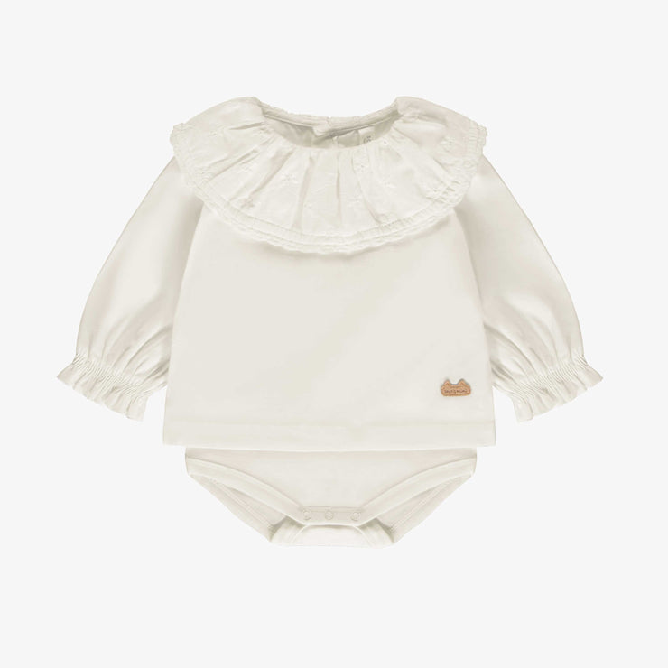 Chemise cache-couche blanche avec col à volant en popeline, naissance || White bodysuit shirt with ruffle collar in poplin, newborn