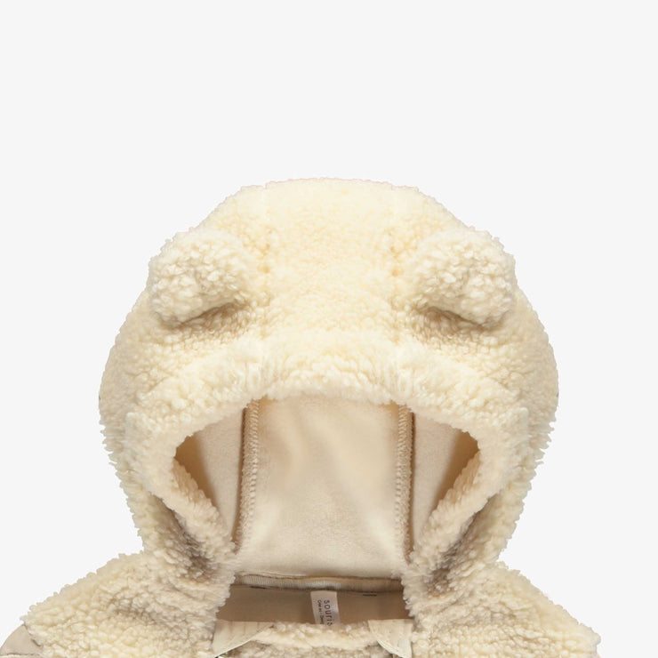 Une pièce crème à capuchon et manches matelassées, en sherpa, naissance || Cream hooded one-piece with quilted sleeves, in sherpa, newborn