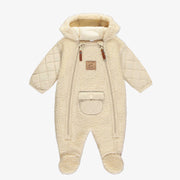 Une pièce beige à capuchon avec fermeture éclair en sherpa et peluche, naissance || Beige one piece with zipper in sherpa and plush, newborn