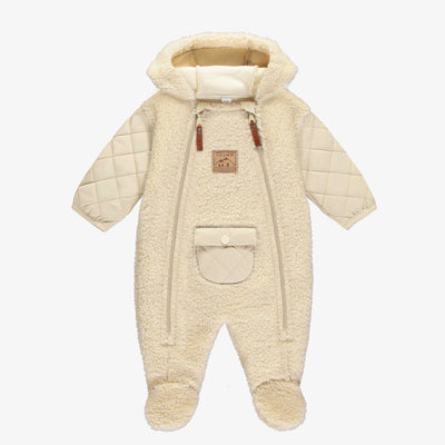 Une pièce beige à capuchon avec fermeture éclair en sherpa et peluche, naissance || Beige one piece with zipper in sherpa and plush, newborn