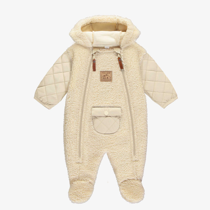 Une pièce beige à capuchon avec fermeture éclair en sherpa et peluche, naissance || Beige one piece with zipper in sherpa and plush, newborn