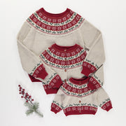 Cardigan de maille crème et rouge à motifs des fêtes, enfant || Cream and red knit cardigan with holiday all over print, child