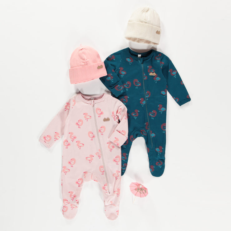 Pyjama une pièce rose en jersey extensible à motifs de flamants, naissance || Pink one piece pajamas in stretch jersey with flamingo all over print, newborn