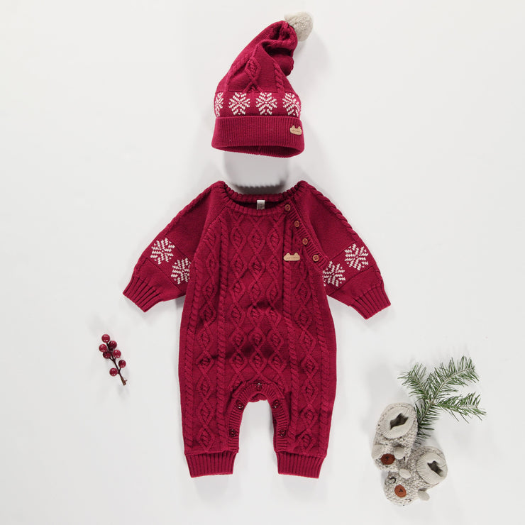 Une pièce rouge en maille torsadée, naissance || Red one piece in twisted knit, newborn