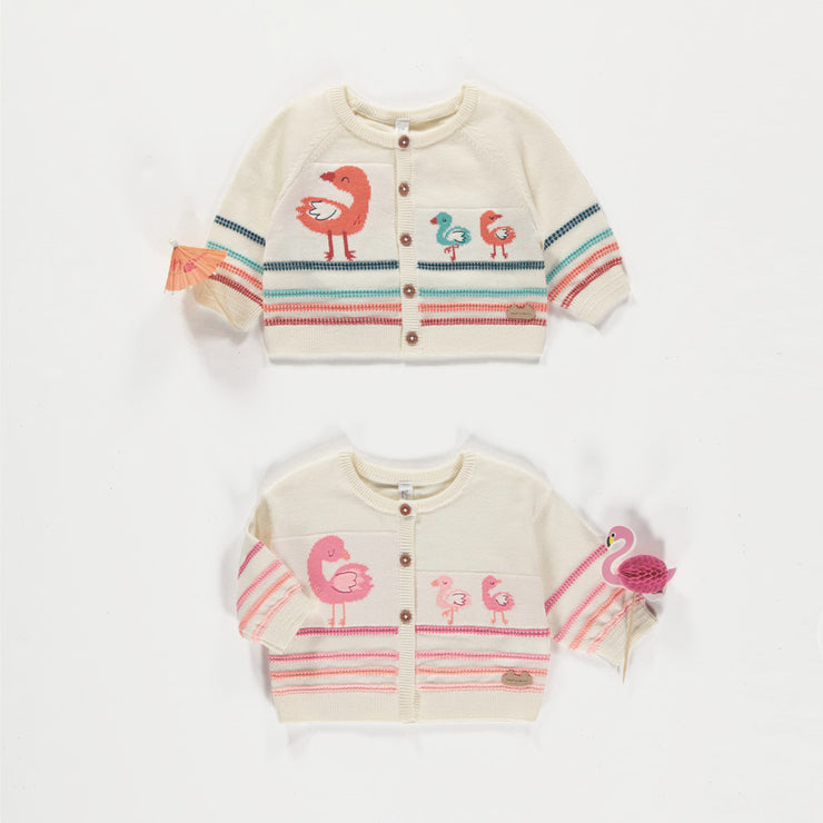 Cardigan crème en tricot avec flamants et rayures, naissance || Cream knit cardigan with flamingos and stripes, newborn