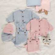 Cardigan de maille rose chiné effet angora, naissance || Angora-effect mottled pink knit cardigan, newborn