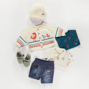 Cardigan crème en tricot avec flamants et rayures, naissance || Cream knit cardigan with flamingos and stripes, newborn