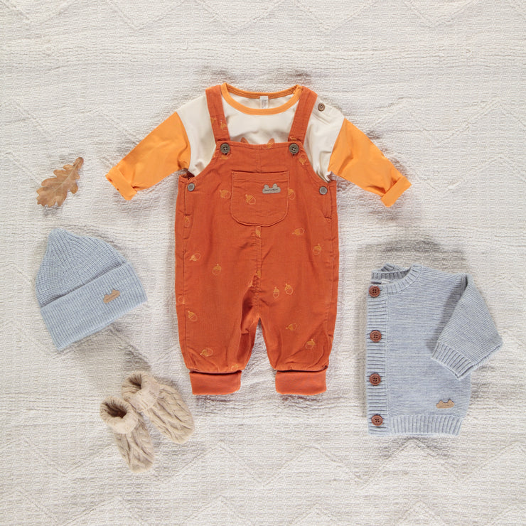 Salopette orange brûlé avec broderies en velours côtelé, naissance || Burnt orange overalls with embroidery in corduroy, newborn