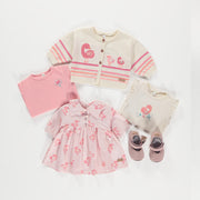 Cardigan crème en tricot avec flamants et rayures, naissance || Cream knit cardigan with flamingos and stripes, newborn