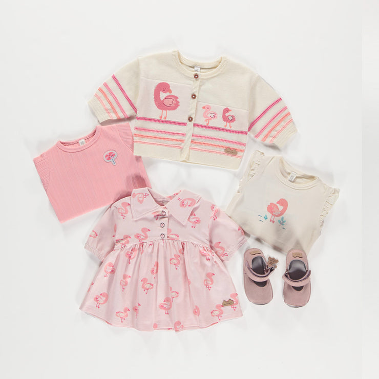 Robe et bloomer rose en jersey extensible à motifs de flamants, naissance || Pink dress and bloomer in stretch jersey with flamingo all over print, newborn