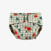 Couche réutilisable ultramince SM+ verte à carreaux et motifs, bébé || SM+ ultra-thin green plaid reusable diaper with all over print, baby