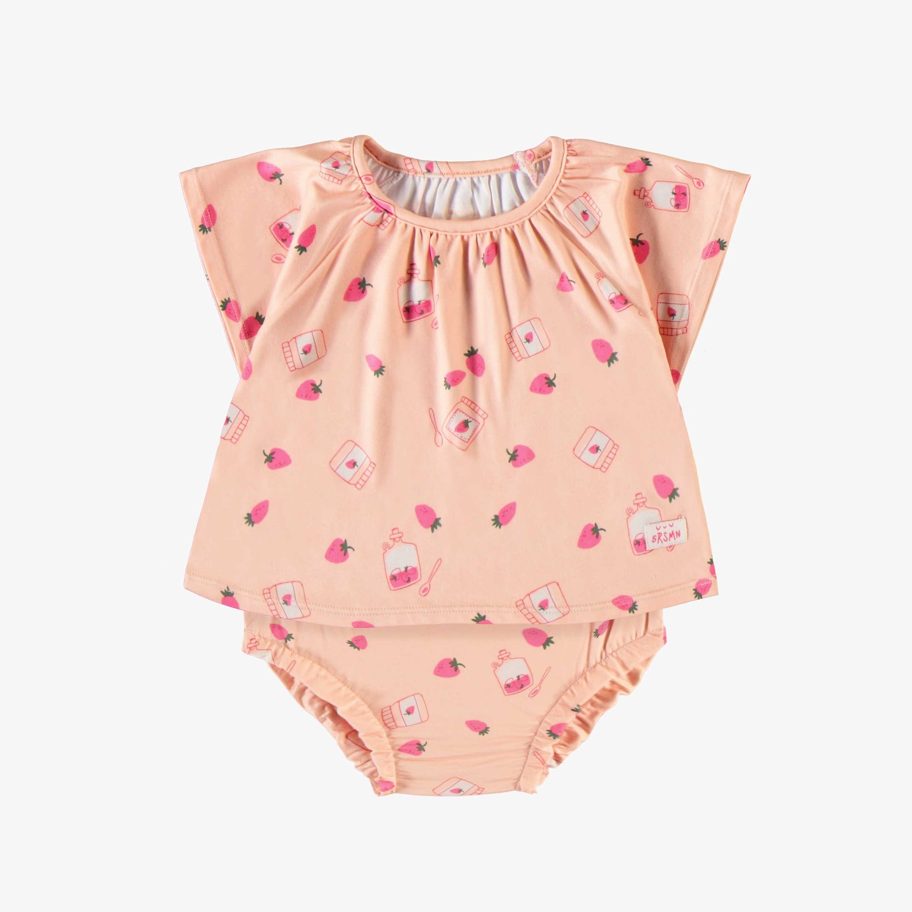 Two piece peach pyjamas with strawberry and jam all over print in soft polyester baby Souris Mini Souris Mini