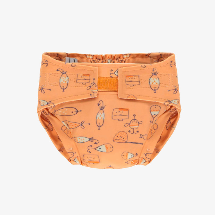 COUCHE RÉUTILISABLE NOUVELLE GÉNÉRATION ULTRAMINCE ORANGE À MOTIF DE POISSONS, BÉBÉ || NEW GENERATION REUSABLE DIAPER, ULTRA-THIN ORANGE WITH FISH ALL OVER PRINT, BABY