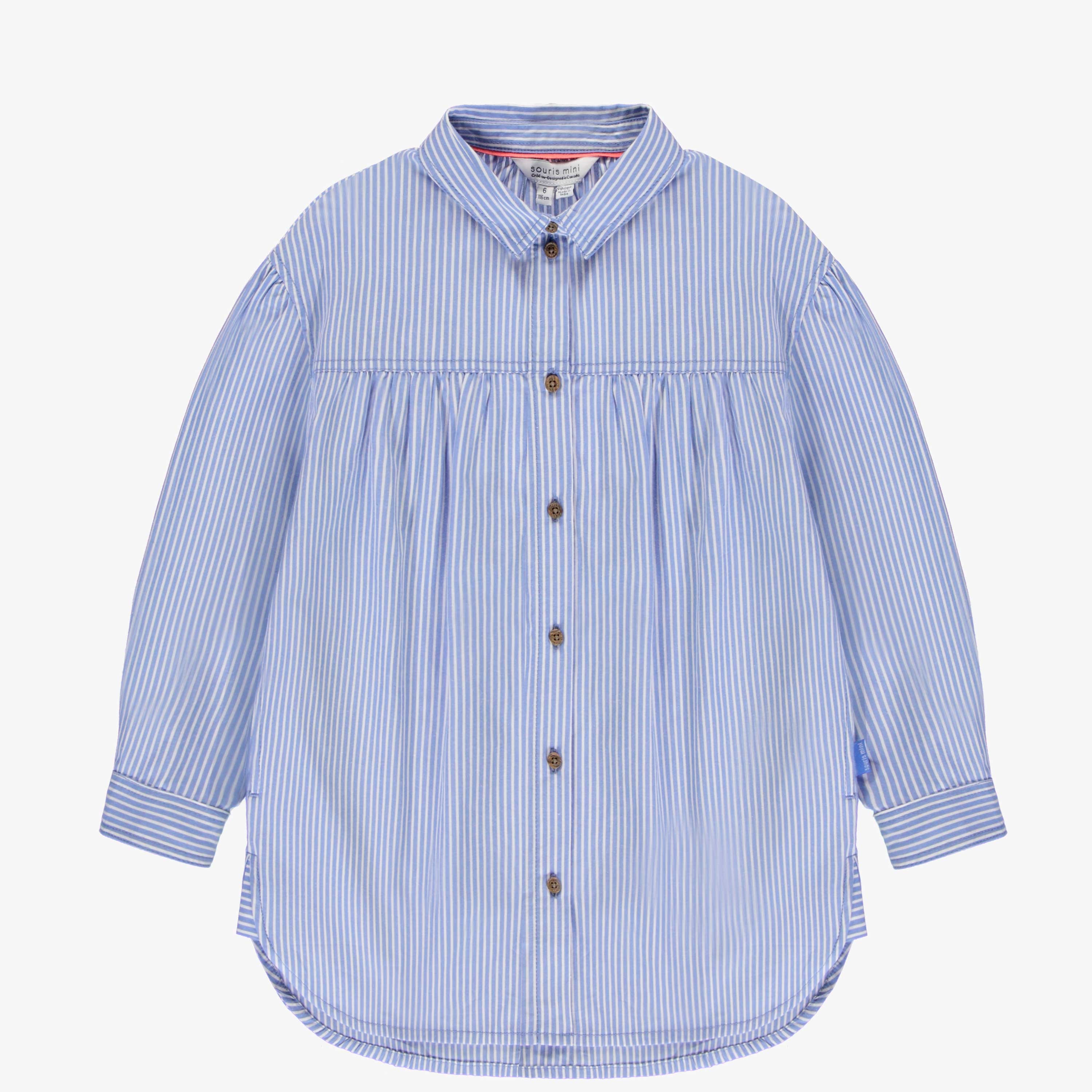 Robe chemise blanche et bleu lignee a manches longues en coton leger enfant Souris Mini Souris Mini