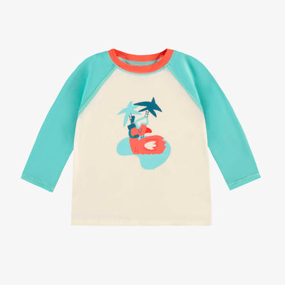 T-shirt de bain crème à manches longues bleu aqua, bébé || Cream swimming t-shirt with aqua blue long sleeves, baby