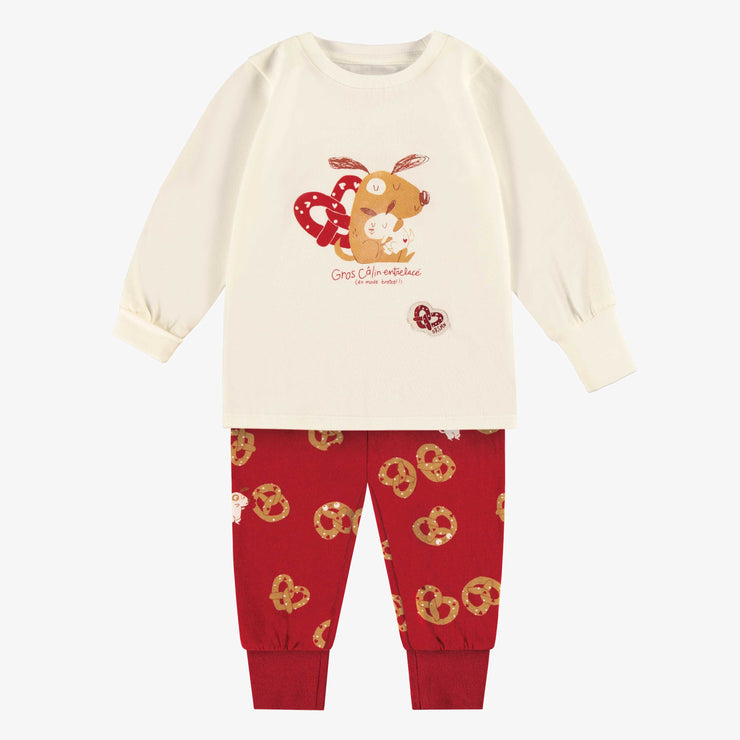 Cream and red Valentine's Day pyjamas in jersey with all over print and illustration, baby