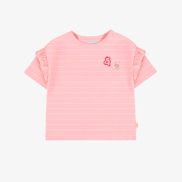 T-shirt rose en jersey à rayures et volants, bébé || Pink t-shirt in jersey with stripes and ruffles, baby