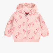 Veste à capuchon rose en jersey matelassé à motifs de flamants, bébé || Pink hooded vest in quilted jersey with flamingo all over print, baby