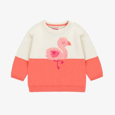 Chandail crème et rose en tricot avec flamant surdimensionné, bébé || Cream and pink knit sweater with oversized flamingo, baby