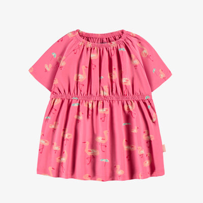 Robe rose en jersey extensible à motifs de flamants, bébé || Pink dress in stretch jersey with flamingo all over print, baby