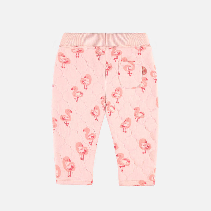 Pantalon rose en jersey matelassé à motifs de flamants, bébé || Pink pants in quilted jersey with flamingo all over print, baby