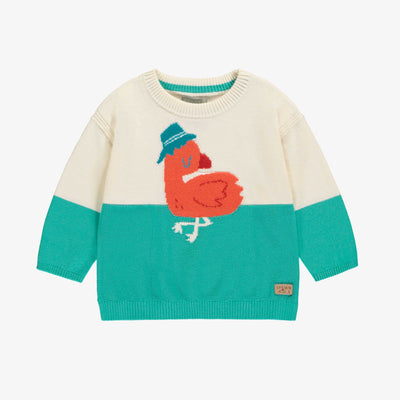 Chandail crème et turquoise en tricot avec flamant surdimensionné, bébé || Cream and turquoise knit sweater with oversized flamingo, baby