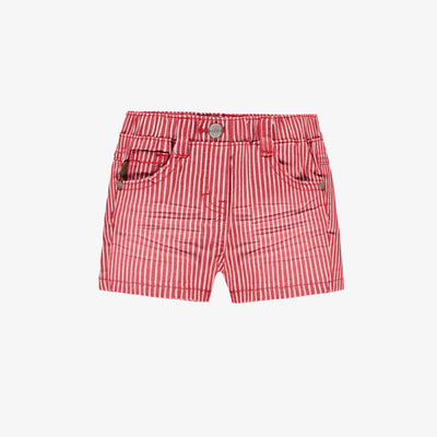 Short rouge et blanc en denim cheminot à rayures, bébé || Red and white striped railroad denim shorts, baby