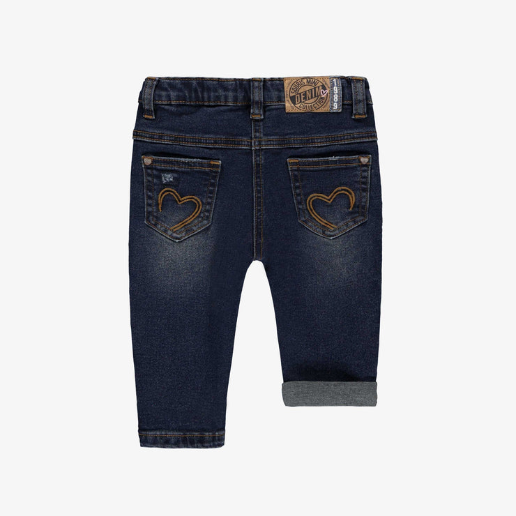 Pantalon en denim bleu foncé avec coutures apparentes, bébé || Dark blue denim pants with visible seams, baby