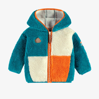 Veste à capuchon en peluche bleue avec blocs de couleur, bébé || Plush blue hooded vest with color blocks, baby