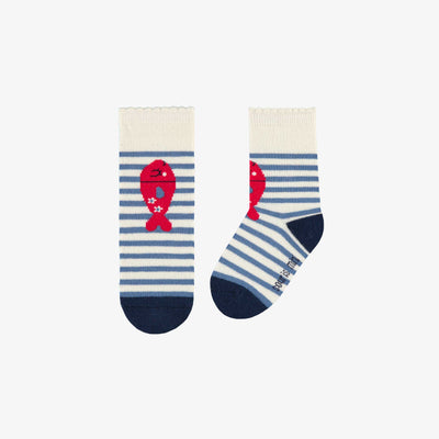 Chaussettes blanches et bleues à rayures avec poissons, bébé || White and blue striped socks with fish, baby