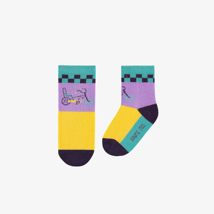 Chaussettes jaunes, mauves et turquoise avec une bicyclette, bébé || Yellow, purple and turquoise socks with a bicycle, baby