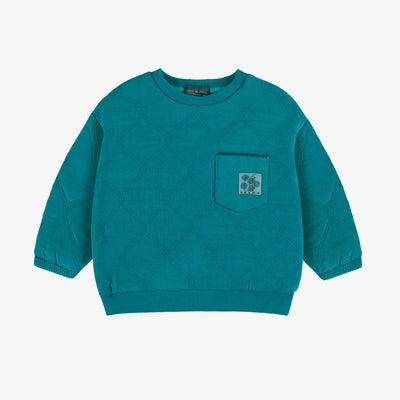 Chandail unisexe turquoise en jersey matelassé, bébé || Unisex turquoise quilted jersey sweater, baby