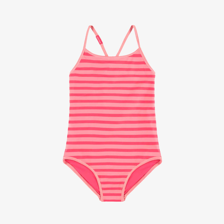 Maillot de bain une pièce rose réversible à rayures, enfant || Pink one piece swimsuit reversible with stripes, child