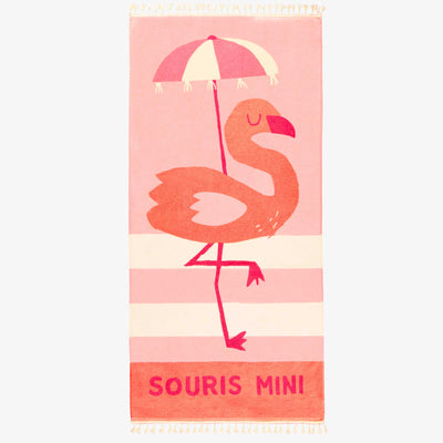 Serviette de plage rose en ratine avec illustration de flamant, enfant || Pink beach towel in terry with a flamingo illustration, child