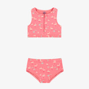 Maillot de bain deux pièces rose à motifs de flamants, enfant || Pink two piece swimsuit with flamingo all over print, child