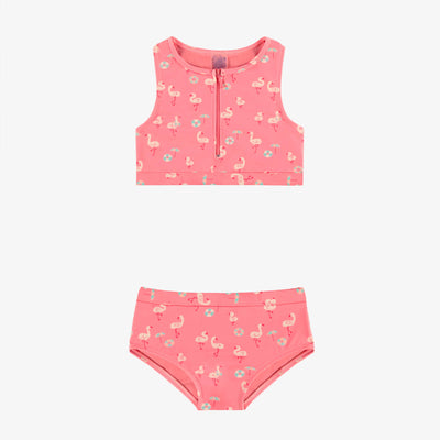 Maillot de bain deux pièces rose à motifs de flamants, enfant || Pink two piece swimsuit with flamingo all over print, child