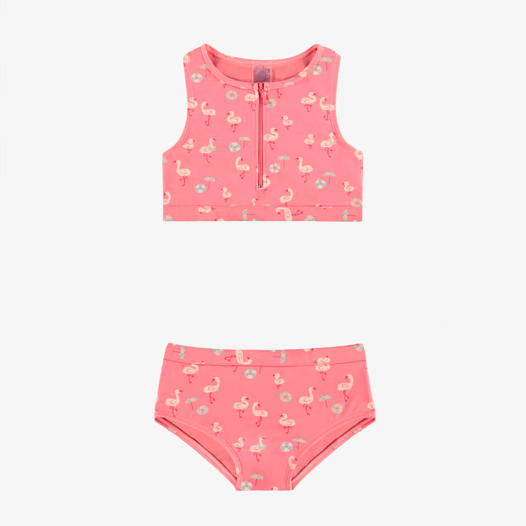 Maillot de bain deux pièces rose à motifs de flamants, enfant || Pink two piece swimsuit with flamingo all over print, child