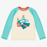 T-shirt de bain crème à manches longues bleu aqua, enfant || Cream swim t-shirt with aqua blue long sleeves, child