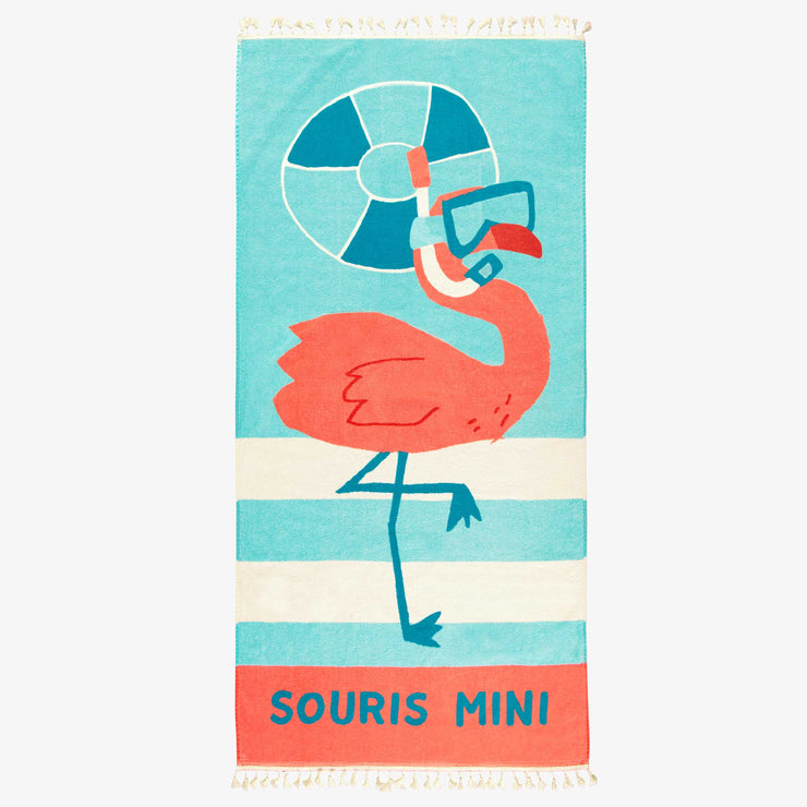 Serviette de plage bleu et orange en ratine avec illustration de flamant, enfant || Blue and orange beach towel in terry with a flamingo illustration, child