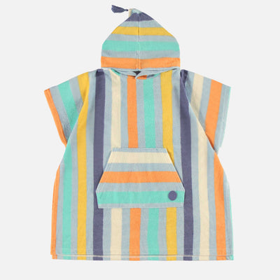 Poncho de plage bleu à rayures colorées, enfant  || Blue beach poncho with colorful stripes, child