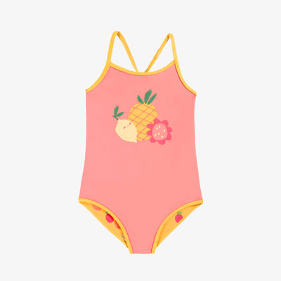 Maillot de bain une-pièce rose réversible jaune à motifs de fruits, enfant || Pink one-piece swimsuit, reversible yellow with fruit all over print, child